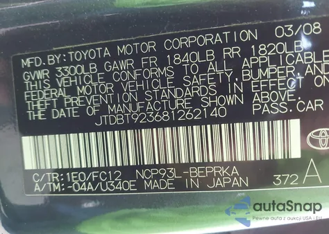 2008 Toyota Yaris from USA, damaged, VIN JTDBT923681262140